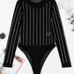 Black Rhinestone Decor Striped Mesh Long Sleeve Bodysuit