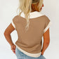 Simply Taupe Half Zipper Collared Colorblock Short Sleeve Top