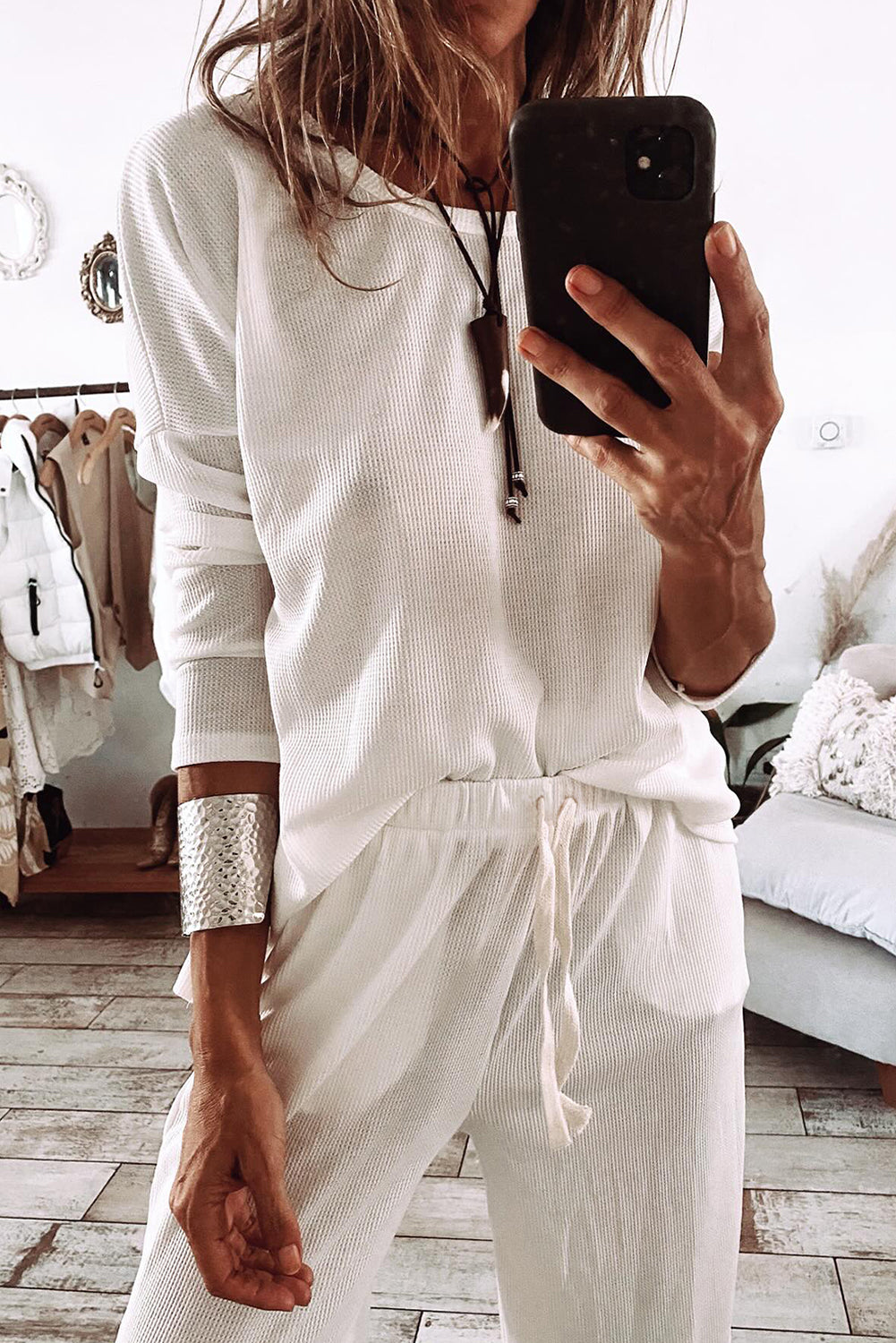 Parchment Textured Long Sleeve T Shirt and Trousers Lounge Set