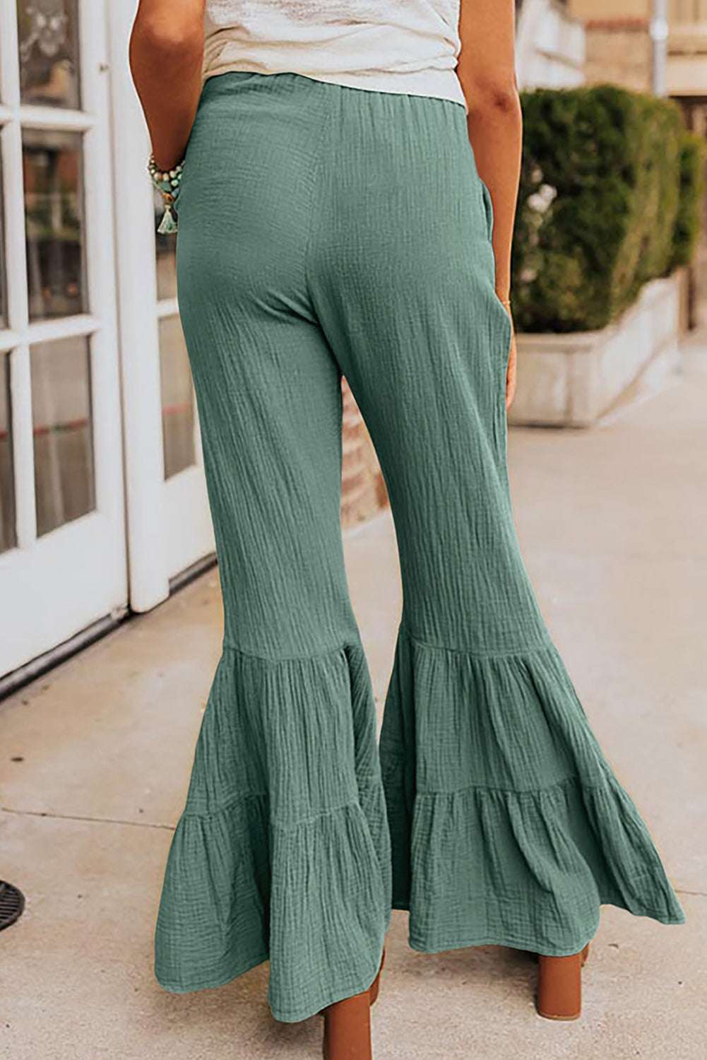 Rose Textured High Waist Ruffled Bell Bottom Pants