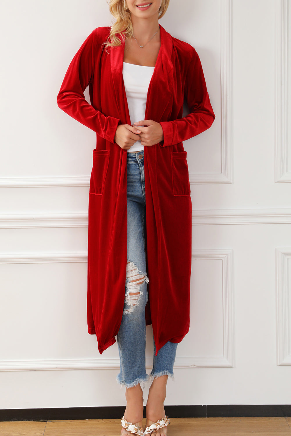 Yellow Velvet Open Front Pocketed Long Duster BB Fashion Outlet