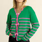 Green Stripe Ribbon Cute Bow Detail Sweater Knit Cardigan