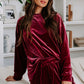 Fiery Red Solid Velvet Two Piece Lounge Set