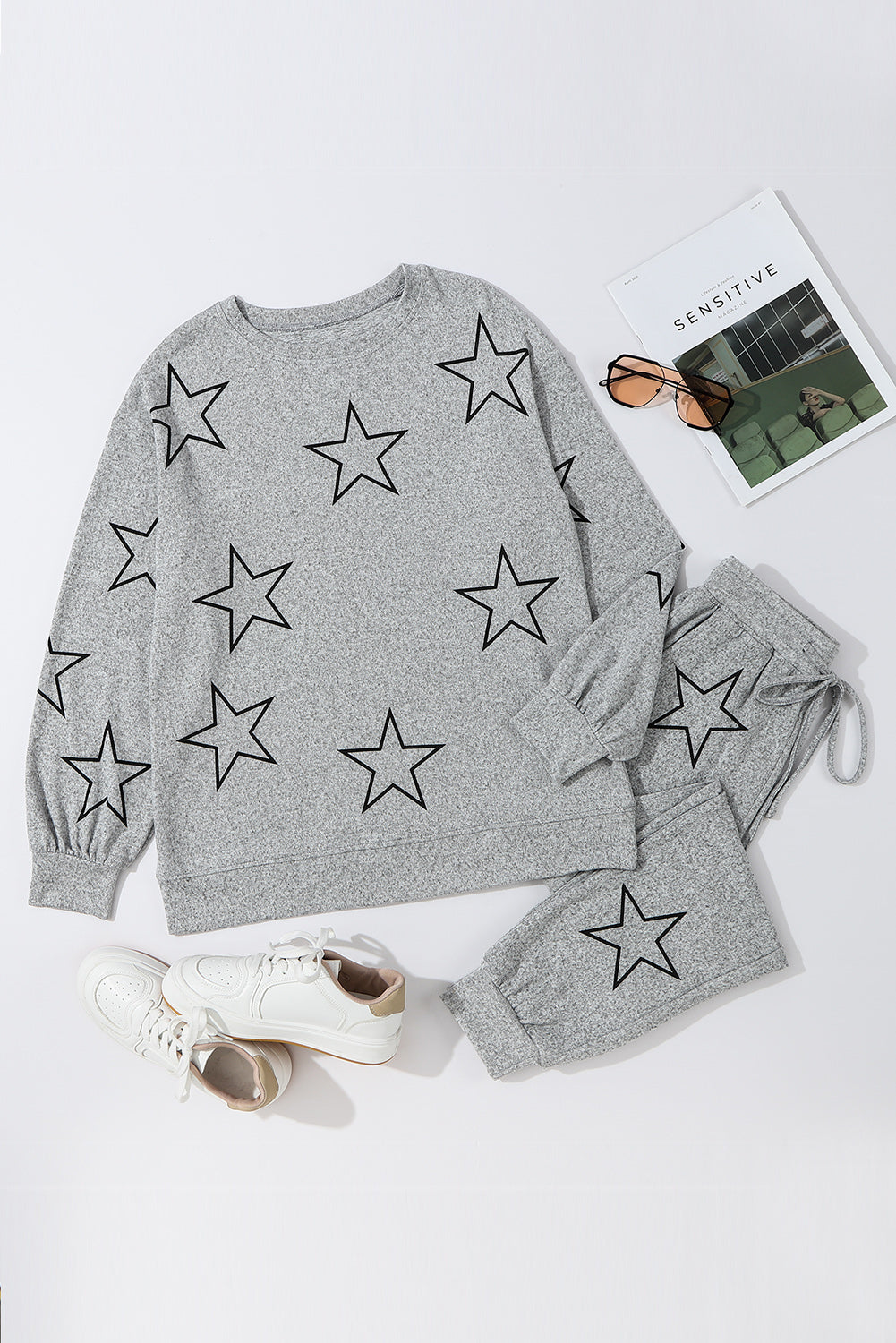 Grey Stars Print Long Sleeve Drawstring High Waist Lounge Set