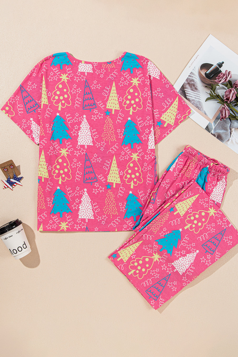 Rose Christmas Tree Print Tee and Bottoms Pyjamas Lounge Set