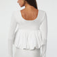 White U Neck Long Sleeve Bubble Hem Top