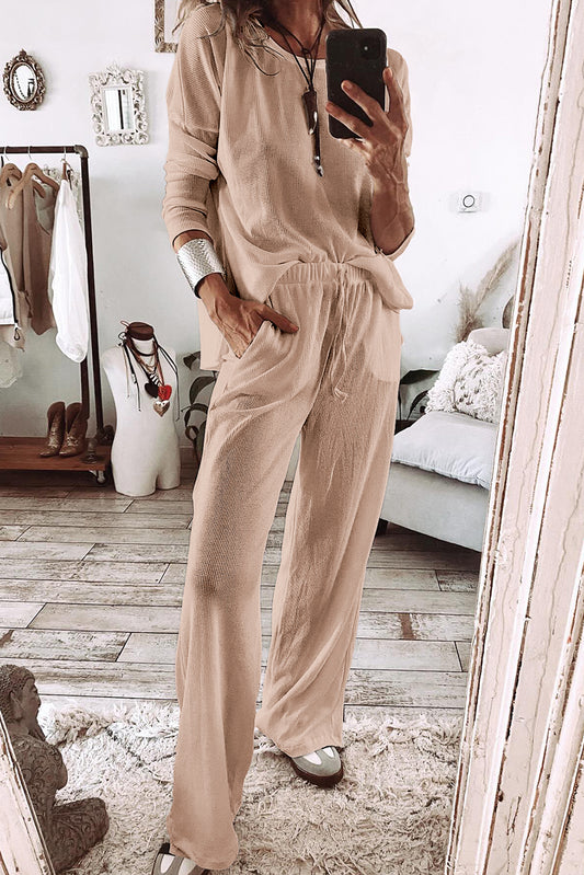 Parchment Textured Long Sleeve T Shirt and Trousers Lounge Set