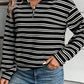 Black Stripe Textured Quarter Zip Collar Long Sleeve Top