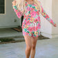 Multicolour Flower Print Pullover and Drawstring Shorts Lounge Set