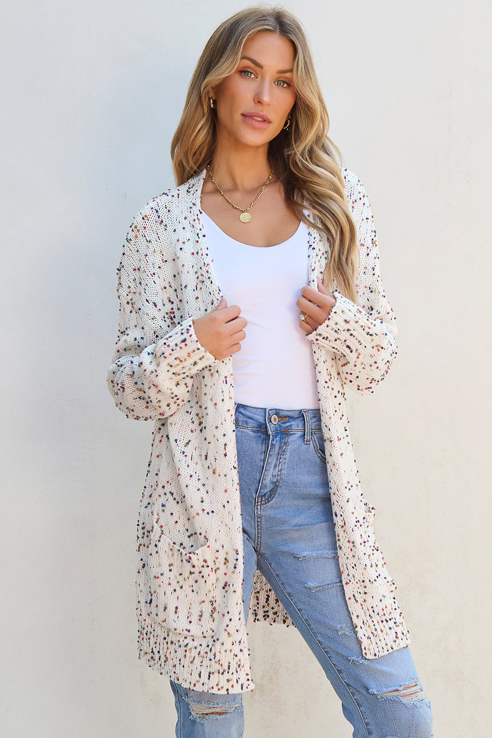 White Multicolour Dotted Rib Knit Long Sleeve Cardigan