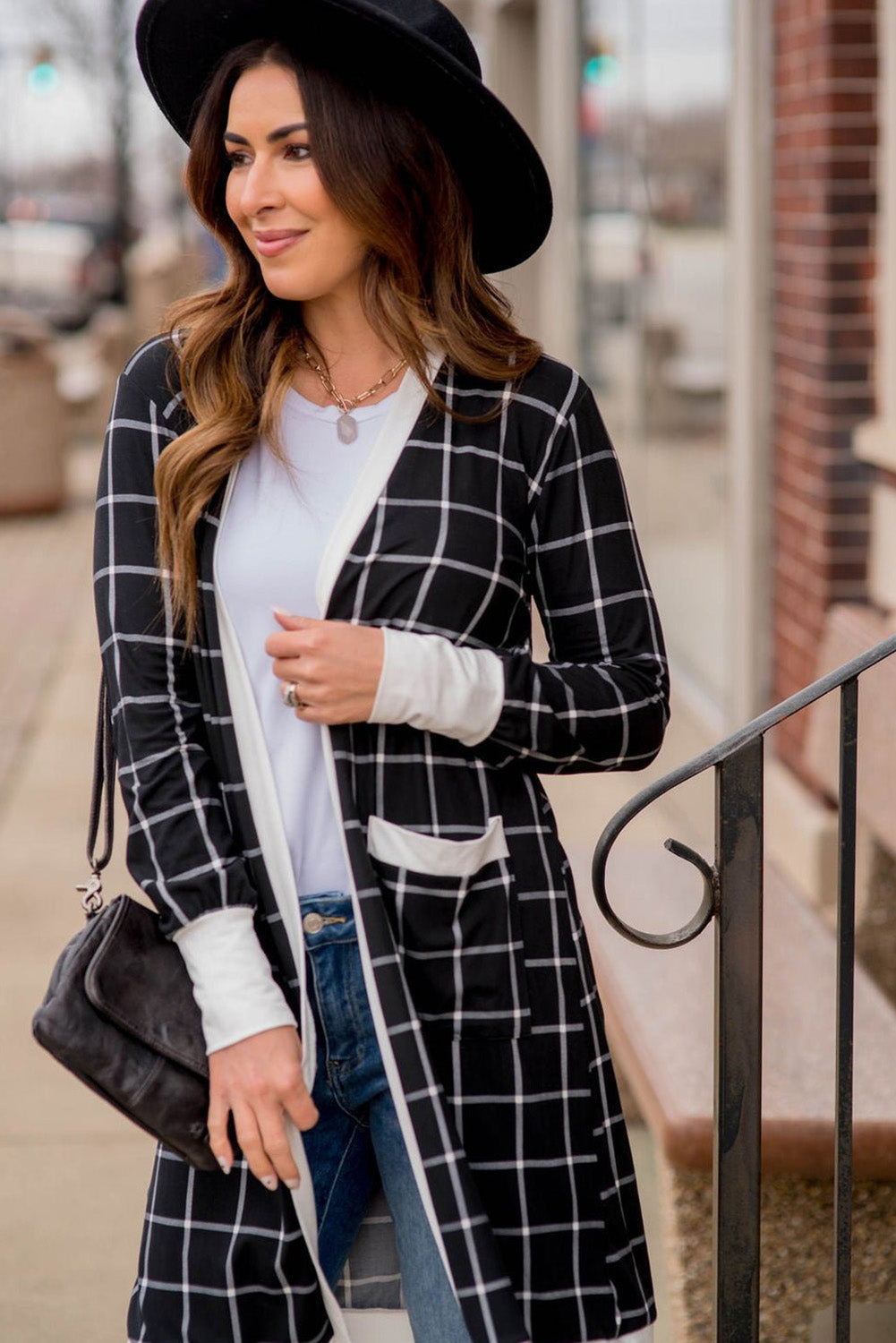 Black Plaid Colourblock Edge Open Cardigan with Pocket