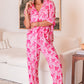 Pink Bow Knot Print Lapel Collar Short Sleeve and Pants Pyjamas Set