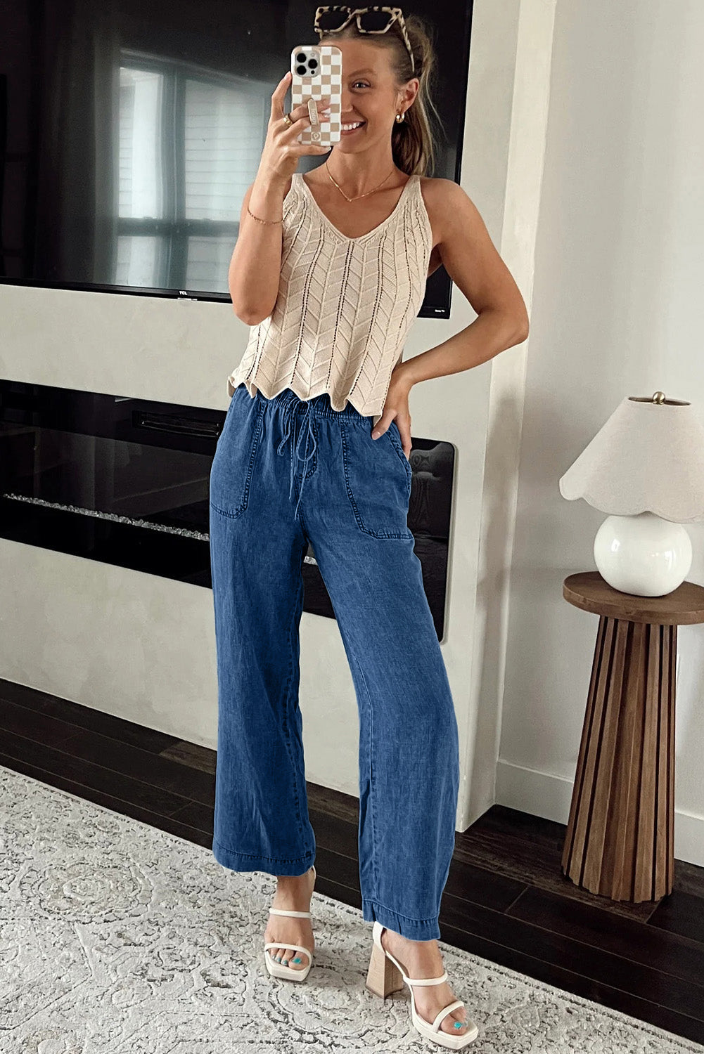 Sail Blue Mineral Wash Drawstring Waist Loose Straight Denim Trousers