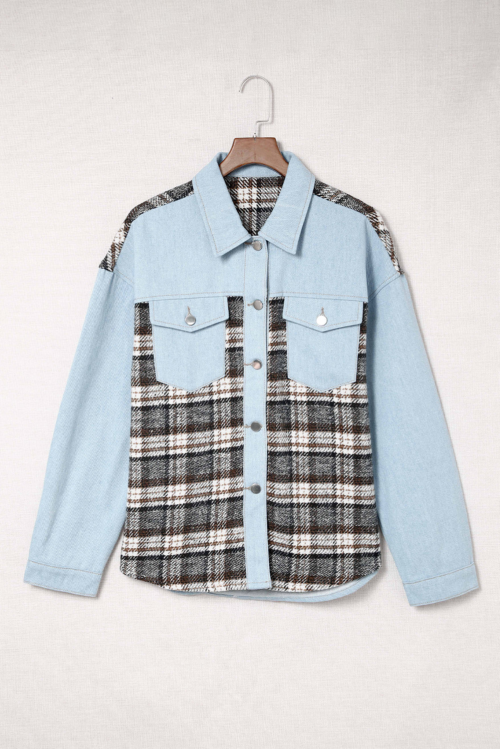 Black Plaid Patchwork Raw Hem Denim Jacket