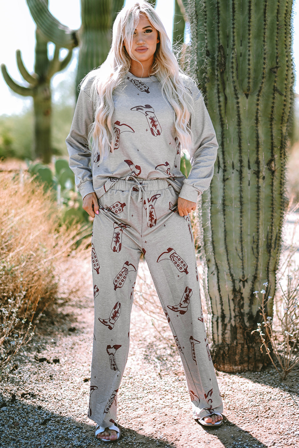 Grey Cowgirl Boots Printed Long Sleeve Top Trousers Lounge Set