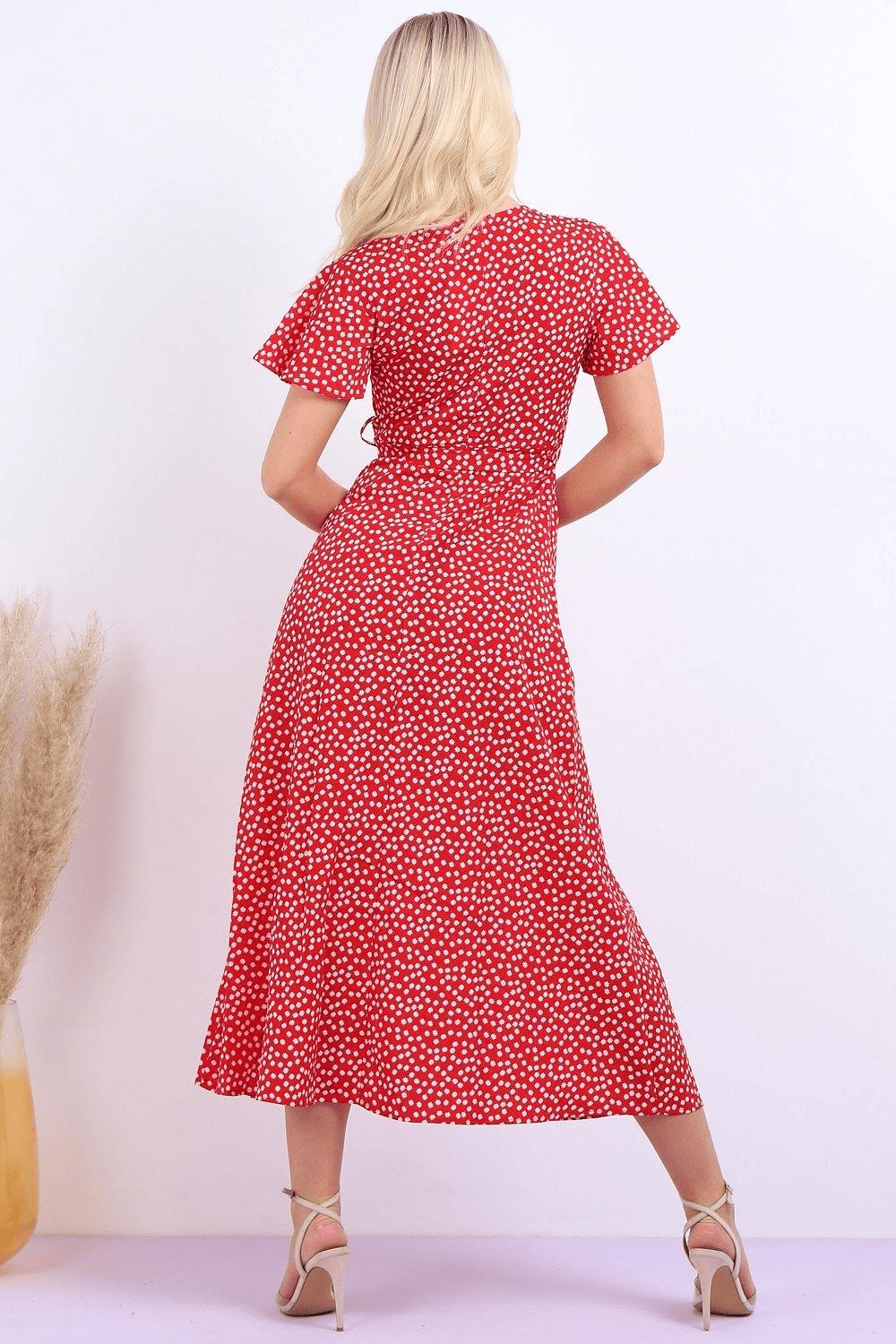 Wrap Front Split Leg Maxi Dress In Red Daisy Dot Print