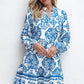 Sky Blue Tribal Print Button Up Notch Neck Loose Mini Dress