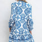 Sky Blue Tribal Print Button Up Notch Neck Loose Mini Dress