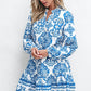 Sky Blue Tribal Print Button Up Notch Neck Loose Mini Dress