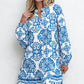 Sky Blue Tribal Print Button Up Notch Neck Loose Mini Dress