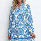 Sky Blue Tribal Print Button Up Notch Neck Loose Mini Dress