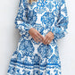 Sky Blue Tribal Print Button Up Notch Neck Loose Mini Dress