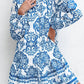 Sky Blue Tribal Print Button Up Notch Neck Loose Mini Dress