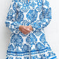 Sky Blue Tribal Print Button Up Notch Neck Loose Mini Dress