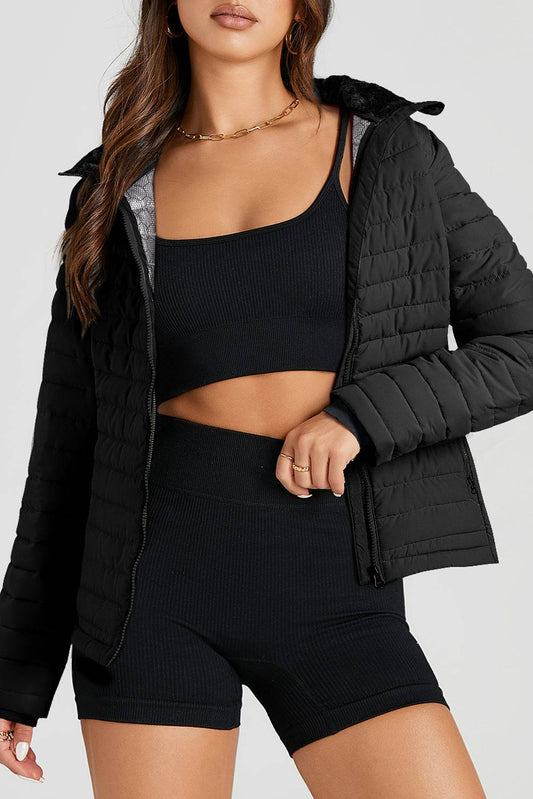 Black Solid Colour Quilted Zip-up Puffer Jacket