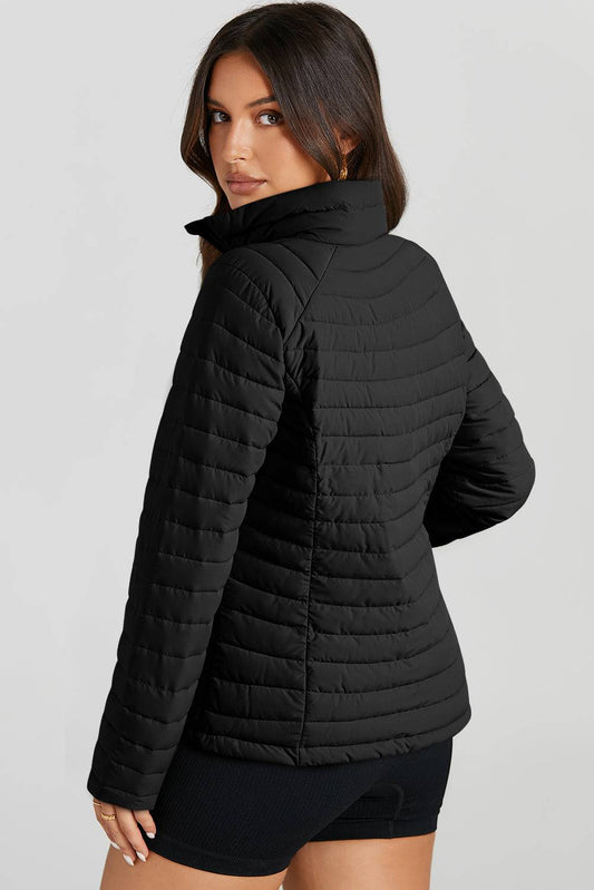 Black Solid Colour Quilted Zip-up Puffer Jacket