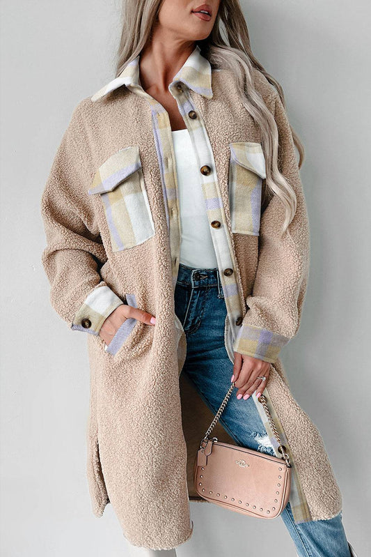 Smoke Grey Plaid Patchwork Collared Button-up Sherpa Long Coat