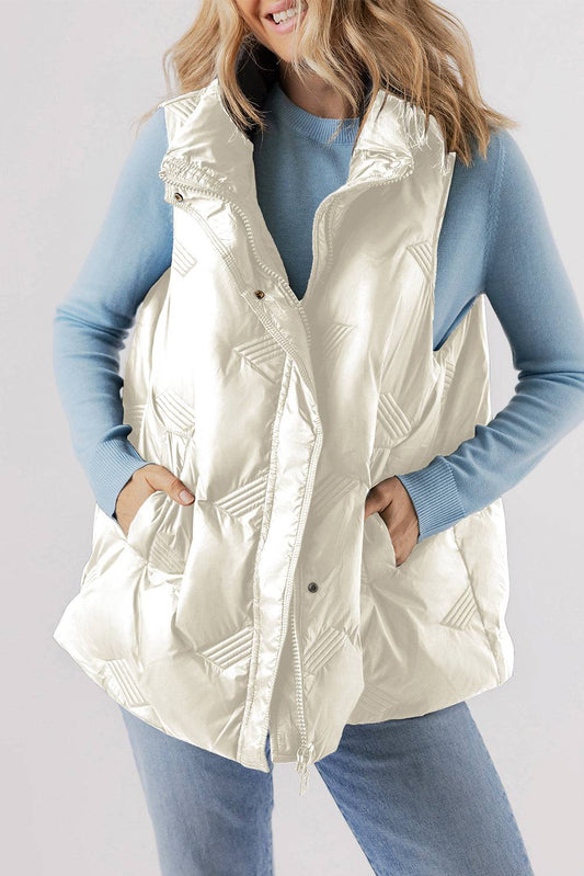 White Quilted High Neck Zip Up Gilet