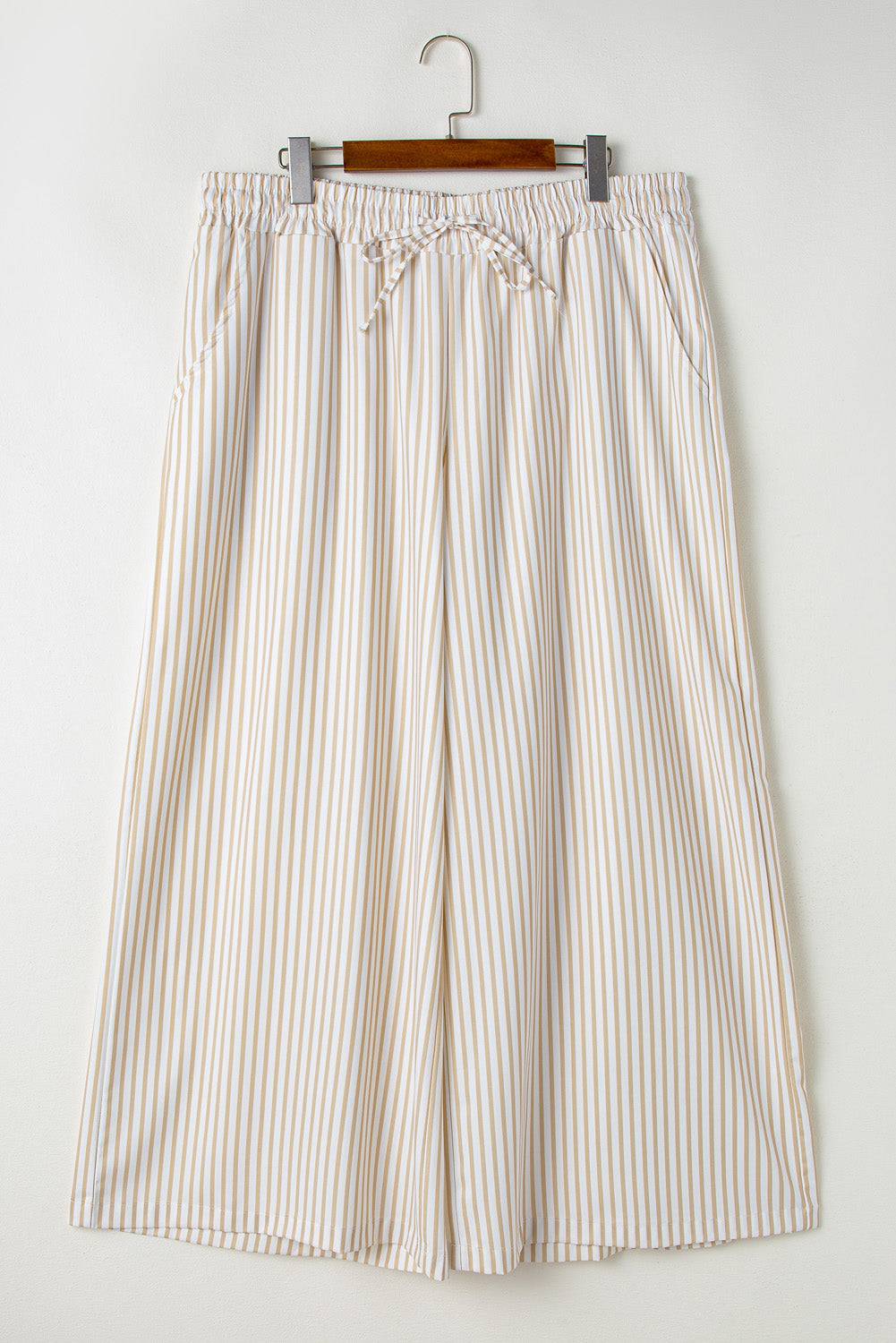 Khaki Stripe Plus Size Drawstring High Waist Wide Leg Trousers