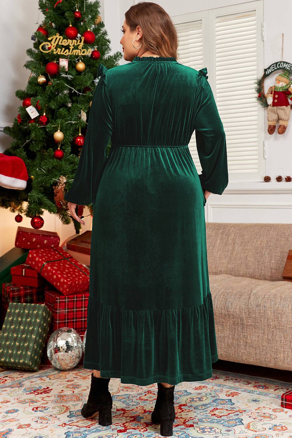 Blackish Green Velvet Frilled up Neck Ruffled High Waist Plus Size Midi Dress