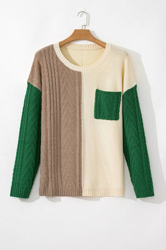 Mist Green Plus Size Cable Knit Colour Block Drop Shoulder Sweater