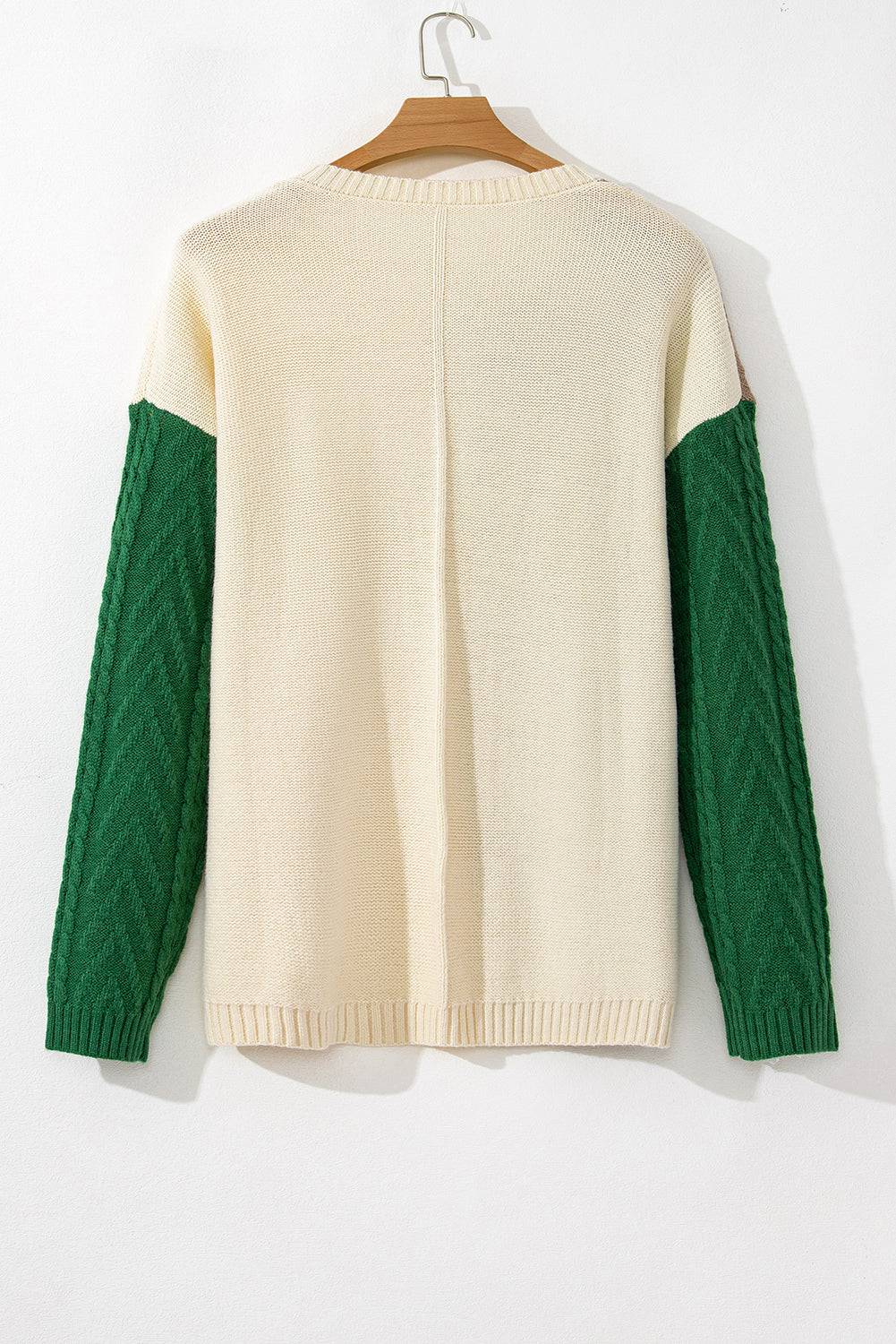 Mist Green Plus Size Cable Knit Colour Block Drop Shoulder Sweater