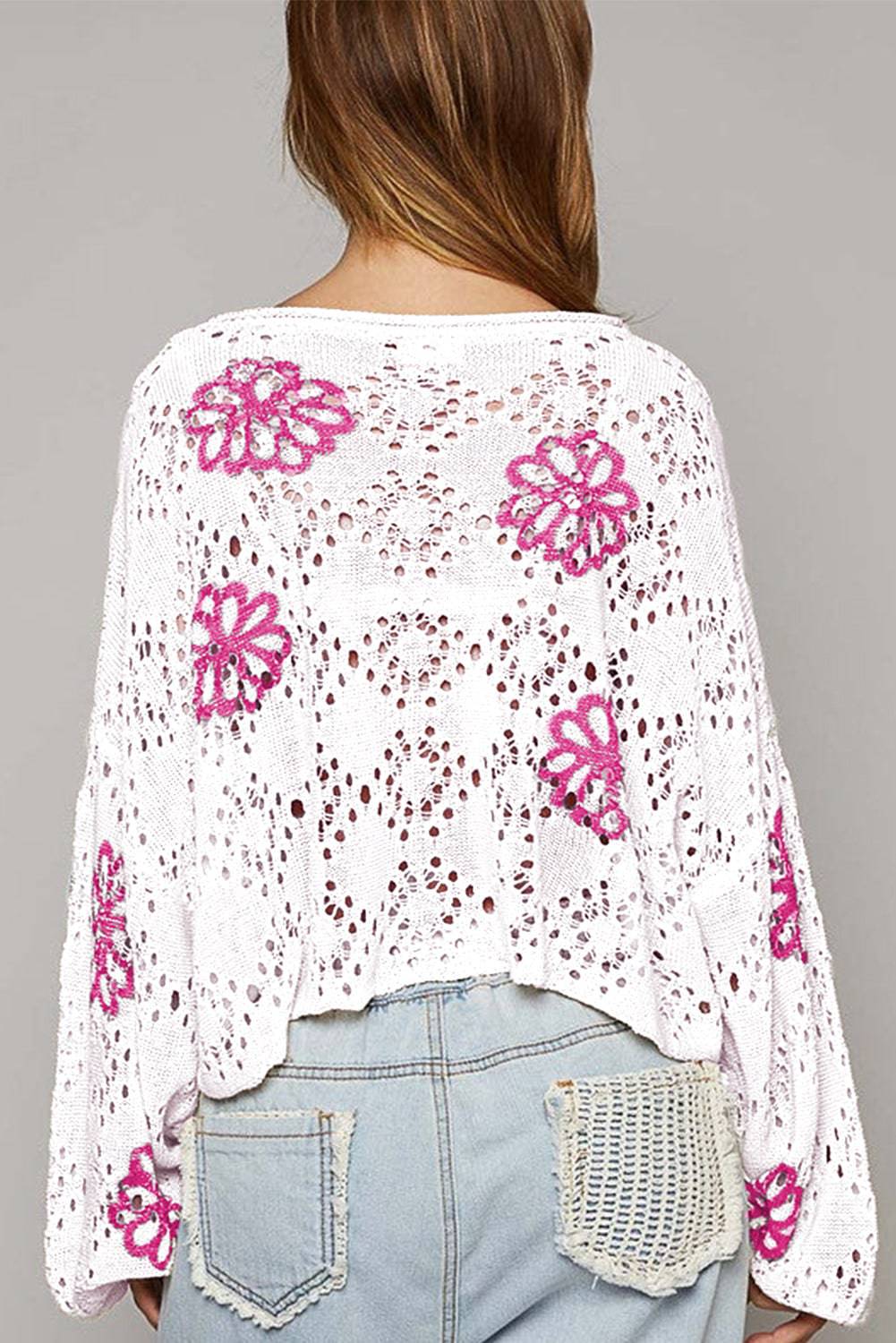 White Contrast Flower Print Eyelet Drop Shoulder Sweater