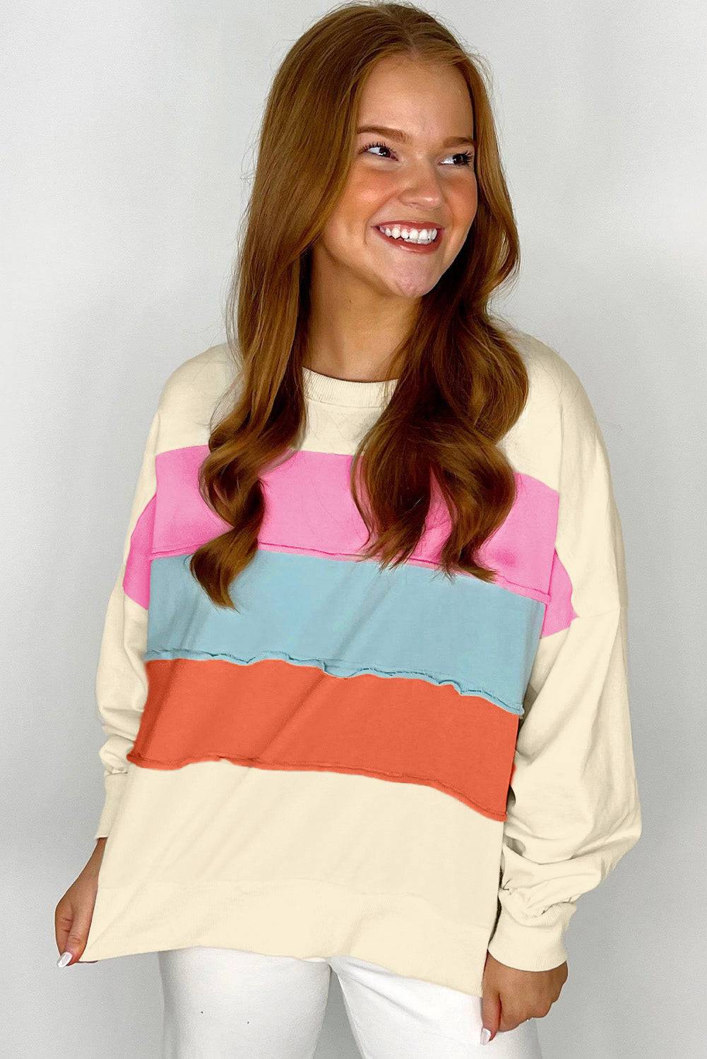 White Colourblock Patchwork Crewneck Drop Shoulder Sweatshirt