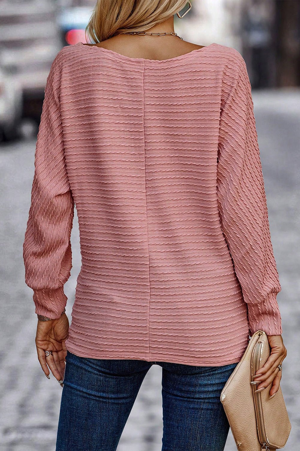 Dusty Pink Textured Knit Long Sleeve Top