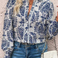 Sky Blue Tribal Pattern Print Notch Neck Buttoned Plus Size Shirt