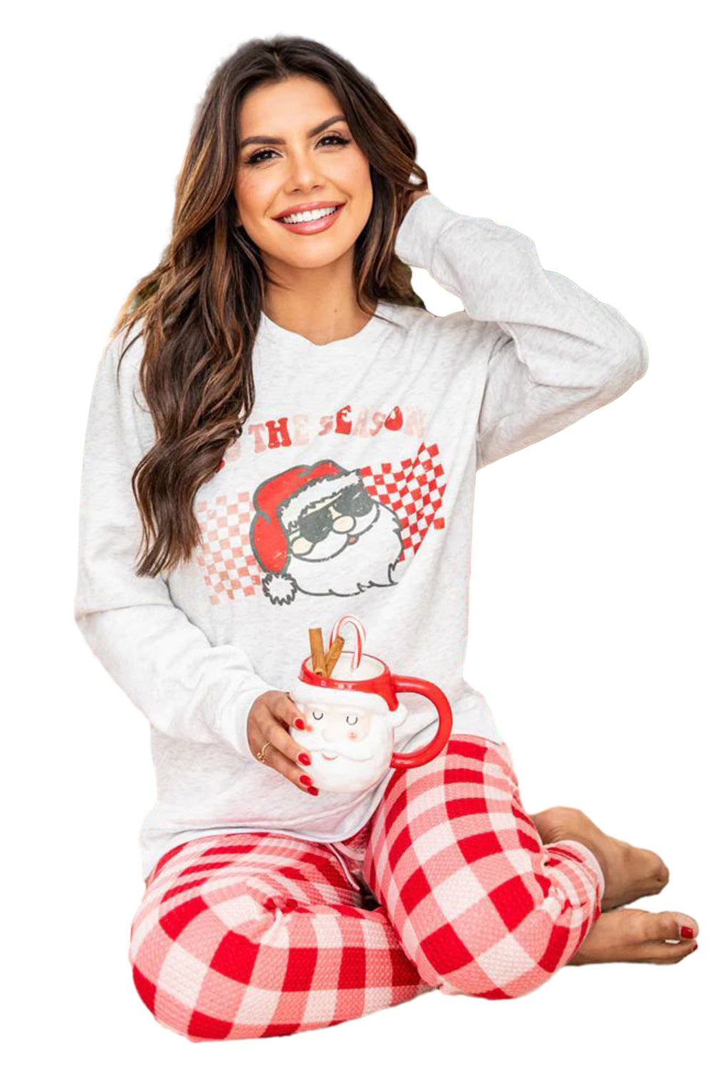 Multicolour Christmas Claus Graphic Top Plaid Trousers Lounge Set