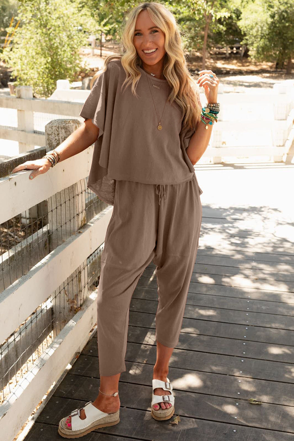 Simply Taupe High Low Boxy Fit Tee and Crop Trousers Set