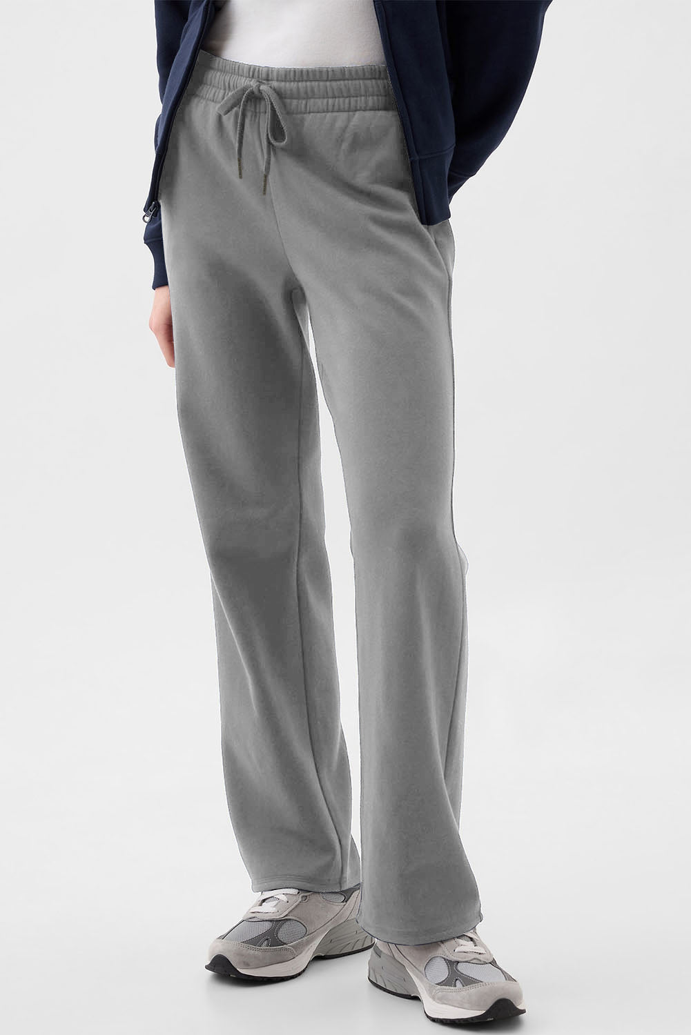 Navy Blue Solid Colour Fleece Lined Drawstring Waist Casual Trousers