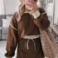 Coffee Color Contrast Loose Pullover and Lace-up Waist Skort Set