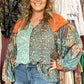 Green Floral Patchwork Lantern Sleeve Buttoned V Neck Plus Size Blouse