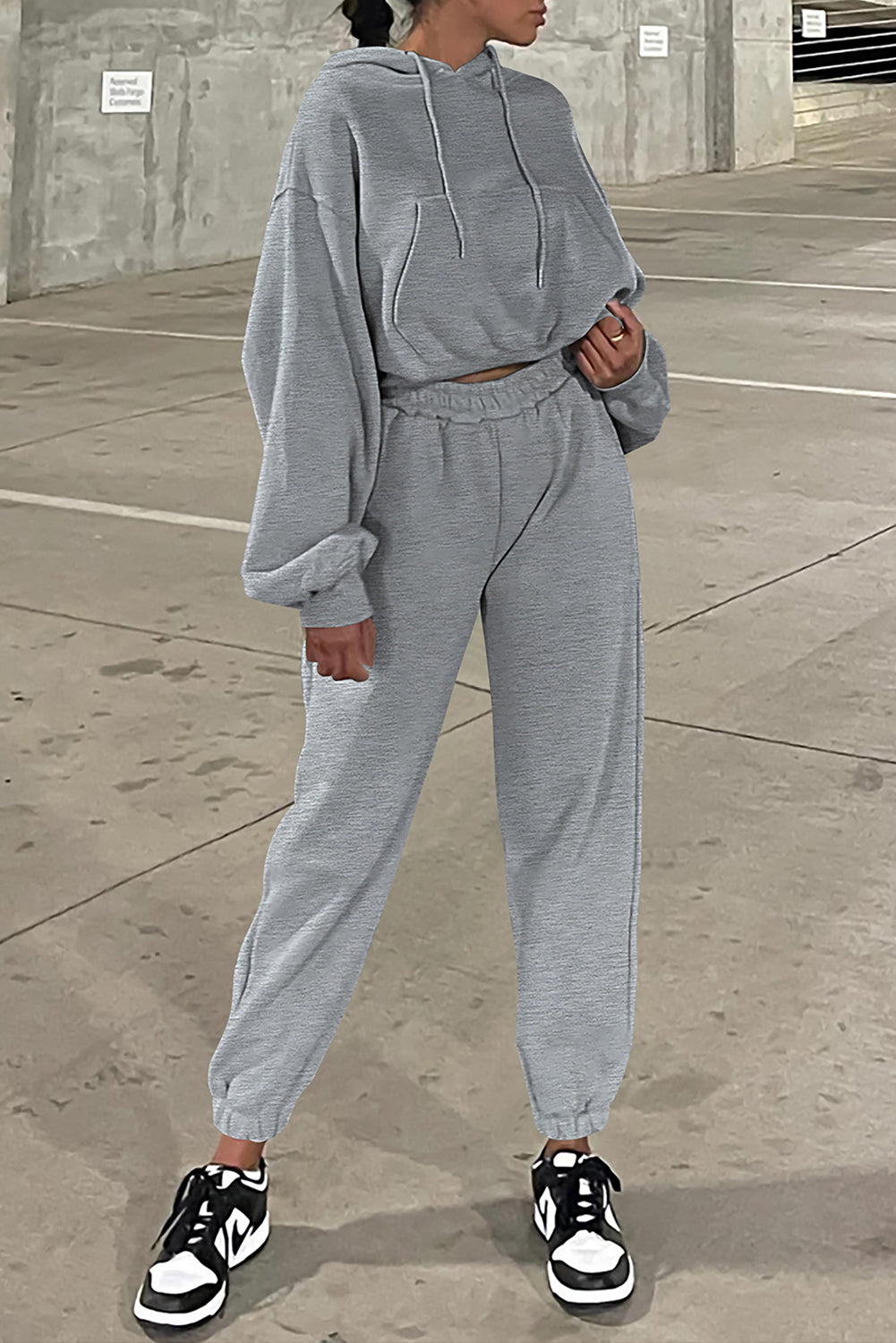 Grey Solid Drop Shoulder Hoodie and Joggers Activewear Set