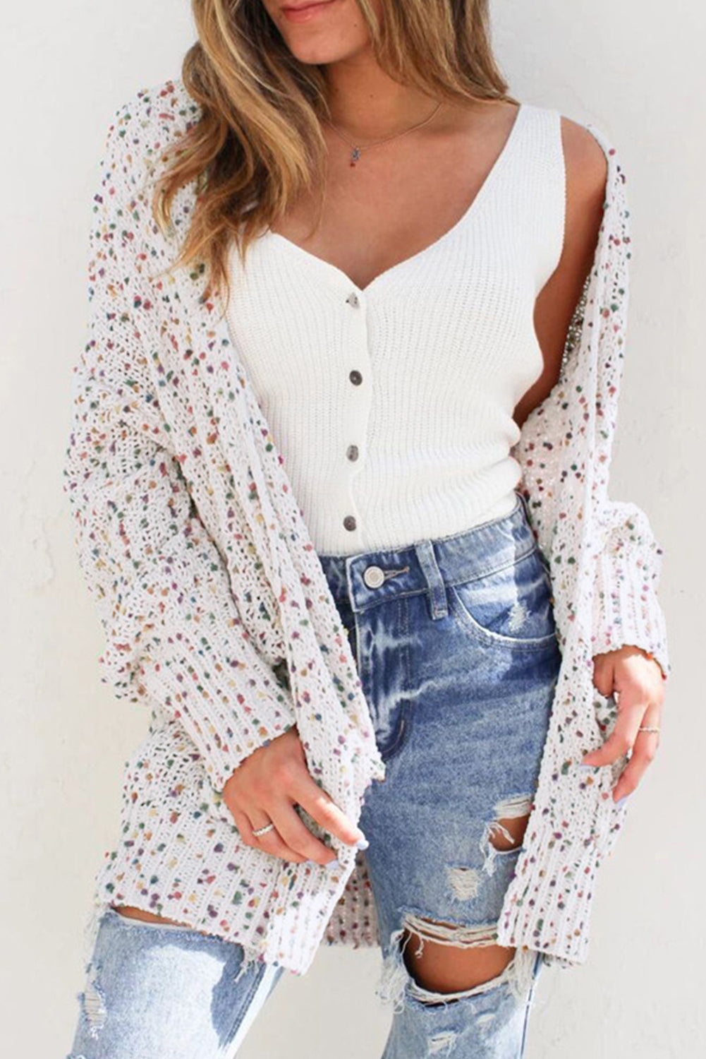 White Multicolour Dotted Rib Knit Long Sleeve Cardigan