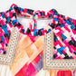 Rose Red Abstract Geometric Pattern Patchwork Puff Sleeve Blouse