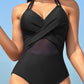 Navy Blue Halter Mesh Insert Cross Front One-Piece Swimsuit