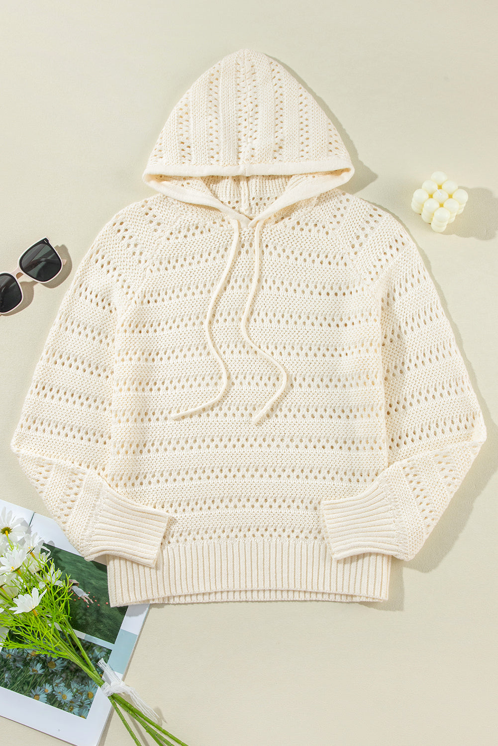 Peach Blossom Pointelle Knit Raglan Sleeve Hooded Sweater